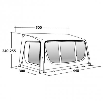 Dimensional tegning af fortelt Outwell Tide 440SA.