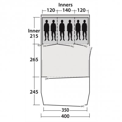 Oversigt over Outwell Eastwood 6. Har tre soveværelser med plads til to personer i hver.