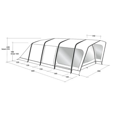 Dimensional tegning til Outwell Hayward Lake 6ATC familietelt.