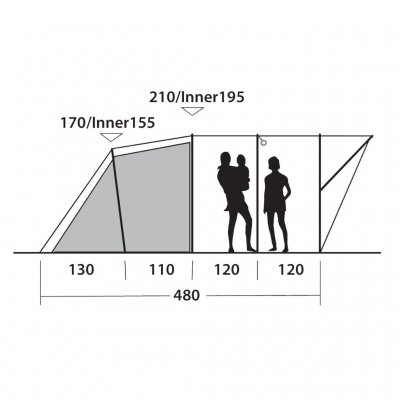 Elevation tegning til stuen og den sovende kabine til Outwell Sky 6 familietelt.