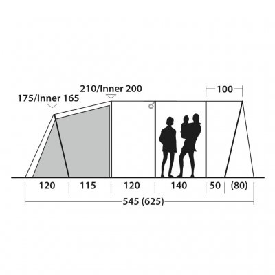 Højdeskitse for 5-personers familieteltet Outwell Denver 5.