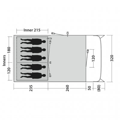Plantegning for familieteltet Outwell Denver 5. Har to sovekabiner med plads til henholdsvis 2 og 3 personer.