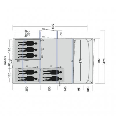Plantegning for familieteltet Outwell Vermont 7 Air.