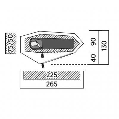 Plantegning for Sarek 1 – kompakt enmandstelt med tilspidset design, rummeligt fortelt og smart opbevaring. Mål: 38 x 12 cm pakk
