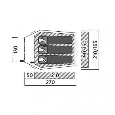 Reindal 3 tunneltelt plantegning med mål, der viser indertelt, forhal og total størrelse.