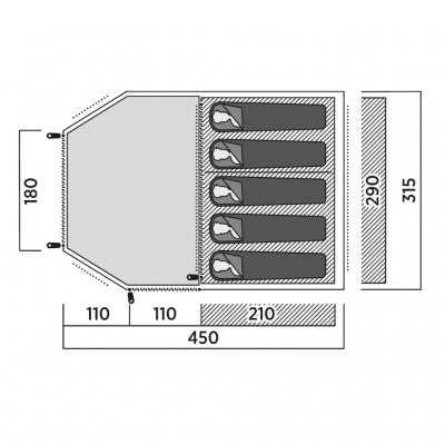 Plantegning for indertelt og stue til Easy Camp Hidra 5