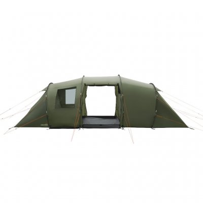 Easy Camp Leka Twin 6 Familjetält sett från sidan med båda dörrarna öppna. Stora fönster på vardera sida ger bra ljusgenomsläpp