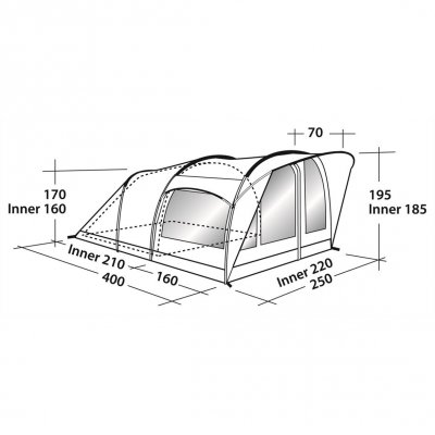 Dimensionskitse til Robens Cabin 400-teltet