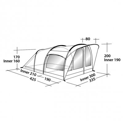 Dimensionskitse af lejrteltet Robens Cabin 600.