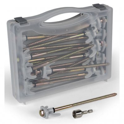 Teltpløkkeboks med jordskruer til hårdt græs eller snavsoverflader eller stenet jord. Til familietelte og fortelte.