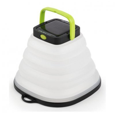 Pakkevenlig campinglygte, der oplades via USB eller det indbyggede solpanel.