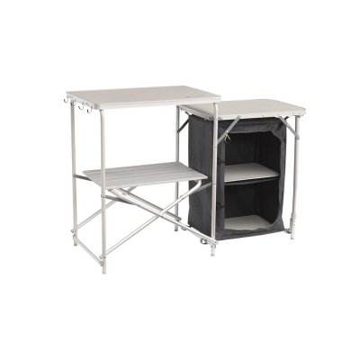Camping køkkenbænk fra Outwell med aluminiumshylde, der kan rulles op, Skab med to hylder og lynlås, To store laminatbordplader