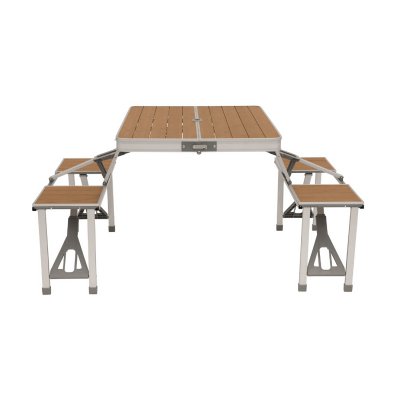 Camping bord aluminiumsramme og bordpladen og stolesæder i bambus.
