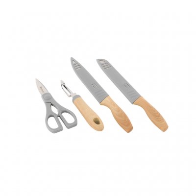 Beskyttelsesbetræk til knivene gør dem sikre og nemme at pakke.