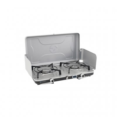 Låget og sidepanelerne foldes op for at skabe et vindskærm til komfuret