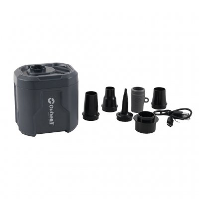 Outwell Mistral Rechargeable Pump Leveres med 6 mundstykker (inklusive FHF-ventil) samt USB-C opladningskabel.