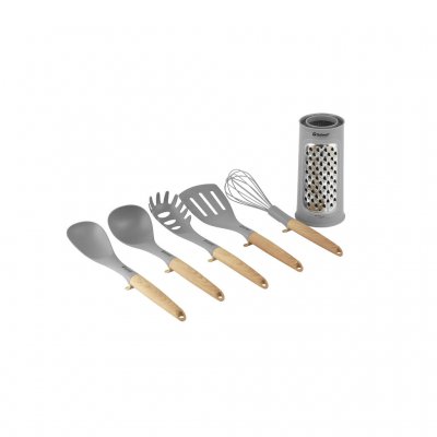 Et kompakt redskabssæt med håndtag i trælook.