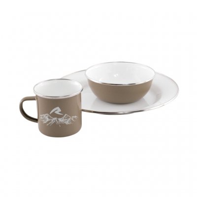 Tallerken, skål og kop i emalje.