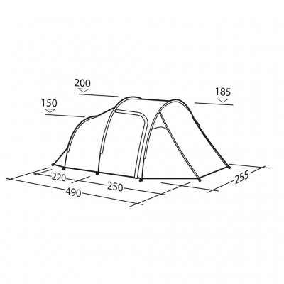 Målskitse for Robens Cima Versa 4 – viser teltets højde, bredde og længde for et klart overblik.