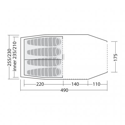 Plantegning af Robens Cima Versa 4 – viser opdeling med soveområde og apsis for smart pakning og komfort.