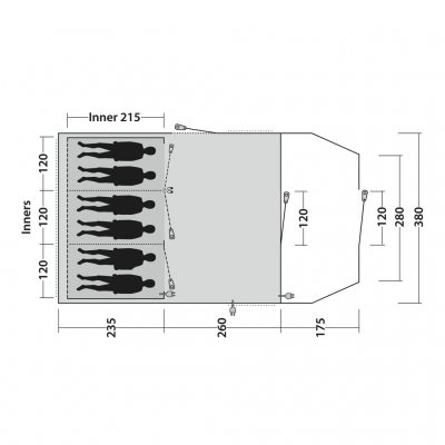 Plantegning for familieteltet Outwell Edmonds 6 TC. Det har tre soverum med plads til 2 personer i hvert soverum.