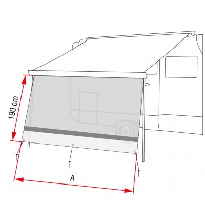 Solafskærmningen strækker sig 190 cm ned fra campingvognens eller mobilhomets fortelt.
