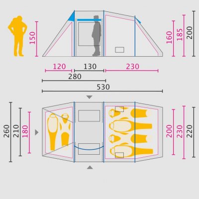 Dimensional tegning til Jack Wolfskin Great Divide RT telte