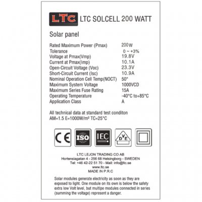 Specifikation LTC 200W solpanel til campingvogn og autocamper.