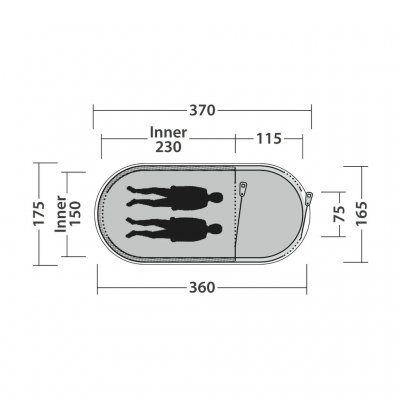 Plattegrond met twee slaapplaatsen voor de Outwell Nexion 2 Ocean campingtent.