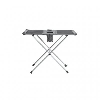 Lille og lavt bord med stålramme og bordplade i polyester og mesh.