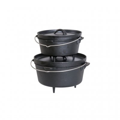 Gryde i støbejern som kan bruges over åben ild eller i ovnen.