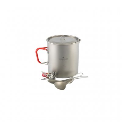 Kompakt kogesæt i letvægtstitan til to personer, som indeholder en gryde med låg, to sporks og en gasbrænder, der monteres direk